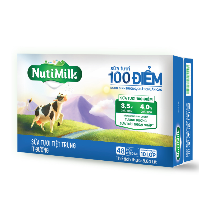 Thùng 48 Hộp NutiMilk Sữa tươi 100 điểm - Sữa tươi tiệt trùng Ít đường 180ml TU.STID180TI NUTIFOOD