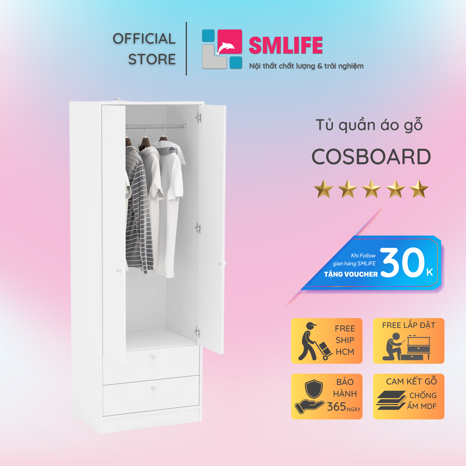 Tủ quần áo gỗ hiện đại SMLIFE Cosboard  | Gỗ MDF dày 17mm chống ẩm | D65xR45xC180cm