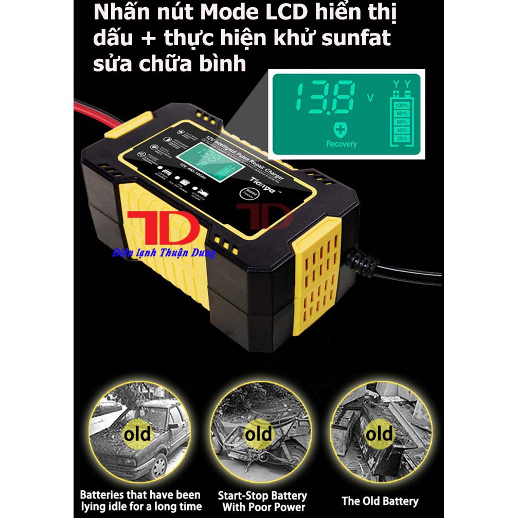 Sạc bình ắc quy 12V TIANYE từ 4Ah - 100Ah có chức năng phục hồi ắc quy bằng khử sunfat, Điện lạnh Thuận Dung