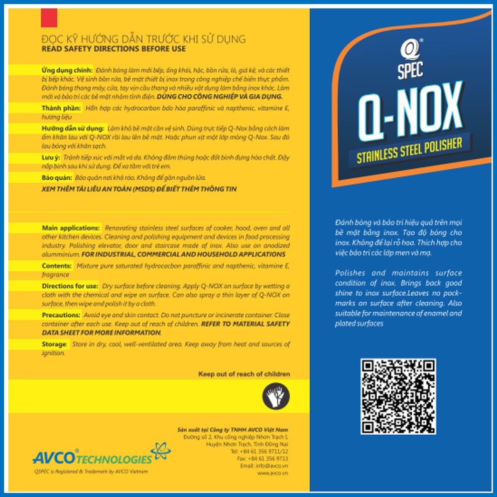 Dầu Đánh Bóng Làm Mới Inox AVCOChem - Q-NOX - Sáng Bóng Ngăn Bụi - can 4 lít - Hàng Chính Hãng