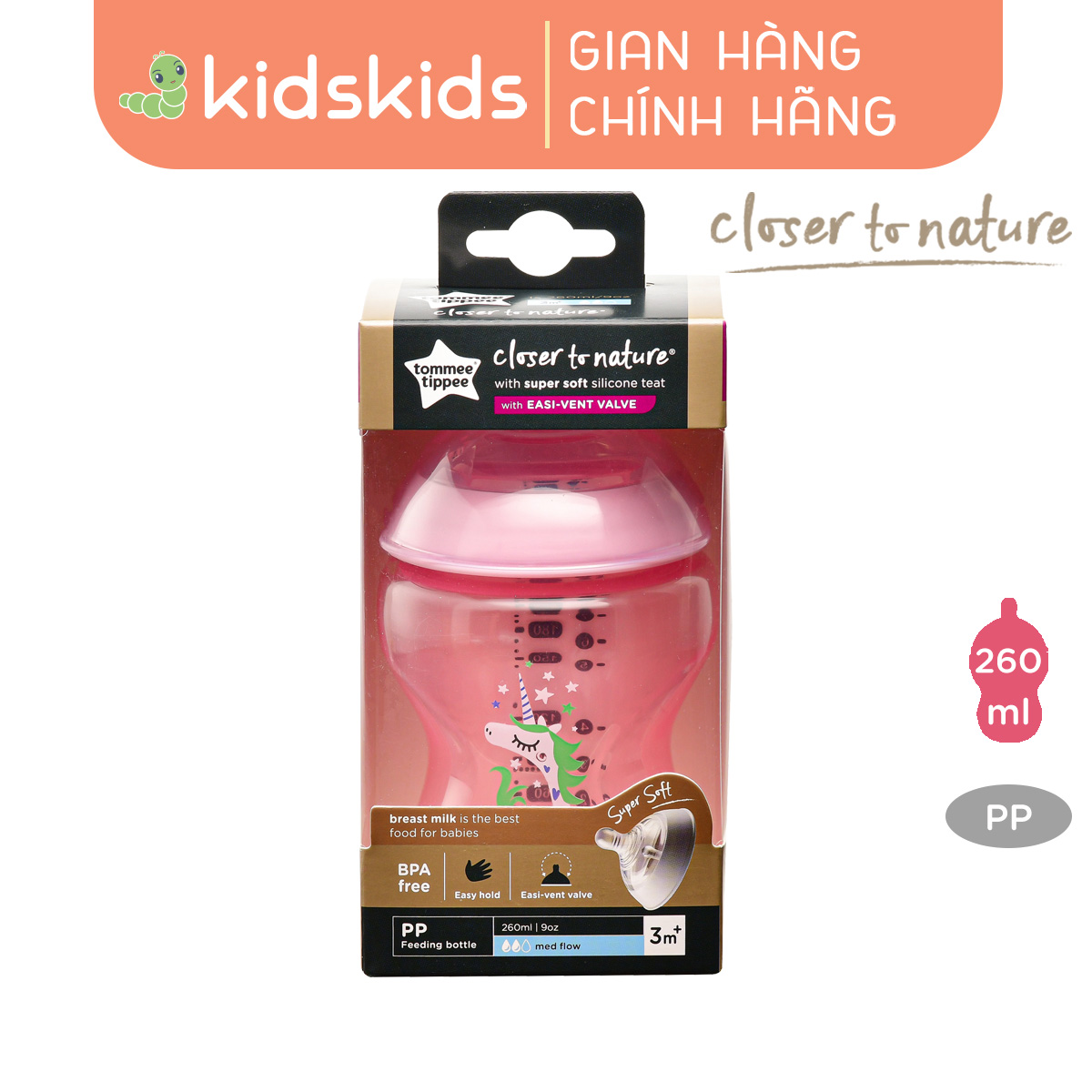 Bình sữa ty siêu mềm tự nhiên Tommee Tippee Closer to Nature 260ml, núm ty đi kèm 3-6 tháng – Tím