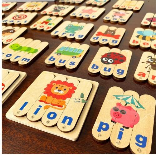 Xếp hình gỗ 3D Word Puzzle - Que Ghép gỗ có hình ảnh và chữ tiếng Anh kèm sách hướng dẫn, đồ chơi ghép hình gỗ 2 mặt Mon