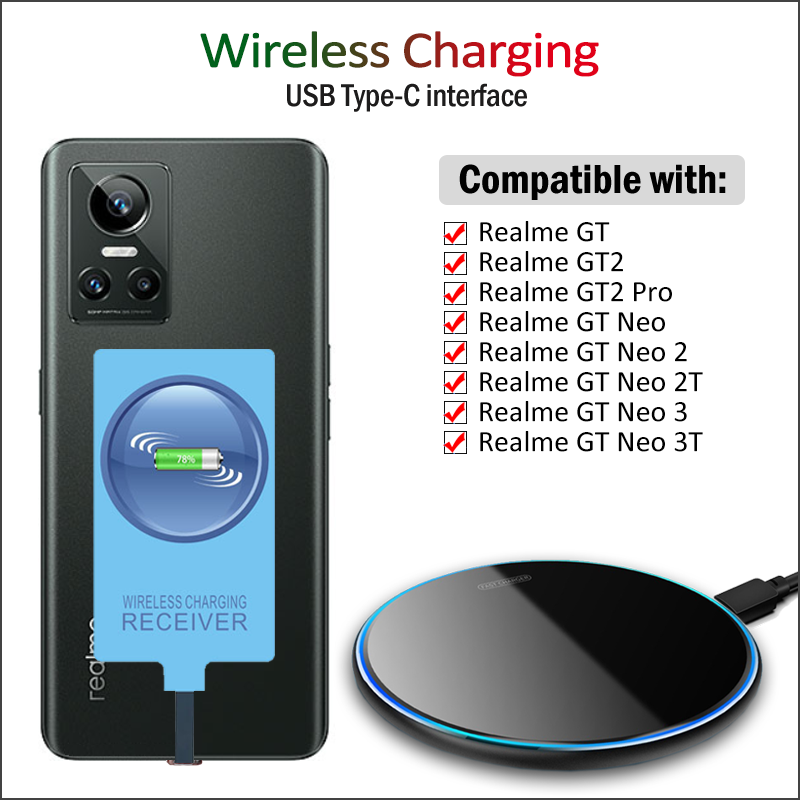 Bộ thu sạc không dây QI cho Realme GT Neo 2 2T 3 3T GT2 Pro Không dây Bộ sạc+Bộ chuyển đổi USB Type-C