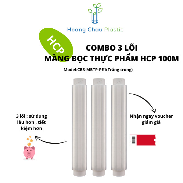 COMBO 3 Lõi màng bọc thực phẩm Hoàng Châu Plastic 30cm x 100m - Nhựa PE - Dùng được cho lò vi sóng- Không chất phục gia tạo dẻo- Không chứa DEHA/DEHP-Thân thiện với môi trường