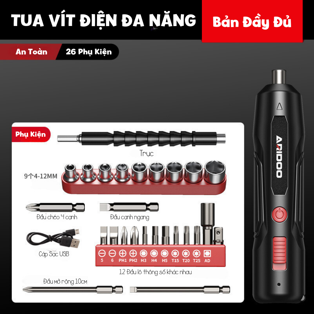 Tua Vít Điện Thông Minh ARIDOO , Máy Vặn Vít Đa Dụng Kèm 26 Phụ Kiện