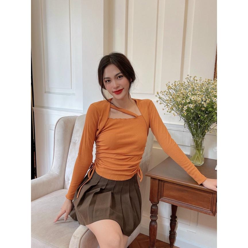 Áo kiểu cổ vuông tay dài 1 dây chéo ngực vạt bầu rút dây 2 bên cực hot , chất thun gân dày dặn - AO90