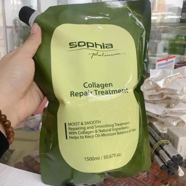 Kem hấp phục hồi tóc Sophia Platium Collagen Hair Repair Treatment Hàn Quốc 1500ml tặng kèm móc khoá