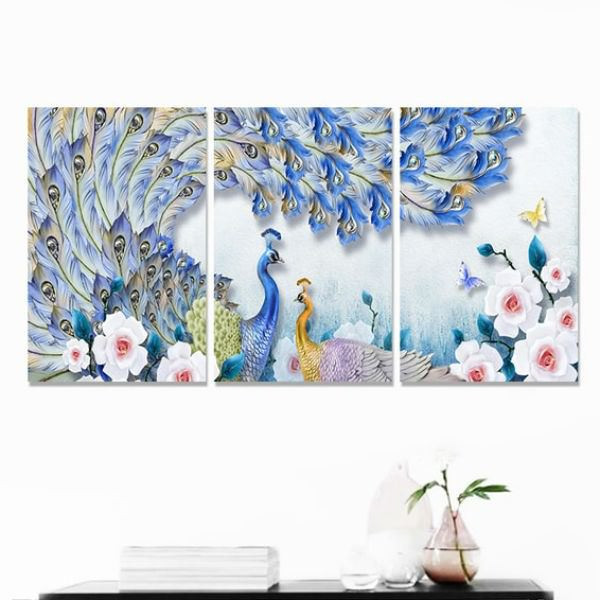 Bộ 3 Tranh Canvas Không Viền Con Công Treo Tường: Khổng Tước Và Hoa W290