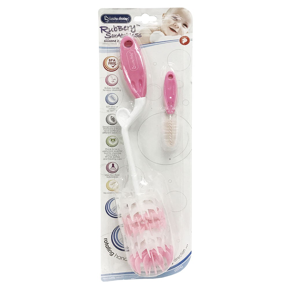 Bộ cọ rửa bình và núm vú Rubbery Scratchless Silicone Bottle Brush &amp; Bristle Nipple Brush Lucky Baby