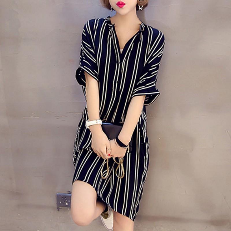 Đầm Sơ Mi Kẻ Sọc Tay Ngắn Dáng Rộng