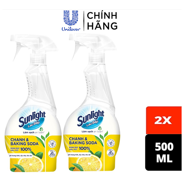 Combo 2 Nước lau bếp Sunlight Chanh &amp; Baking soda | Phiên bản nâng cấp từ Cif | Đánh bay 100% dầu mỡ | Chai 500ml