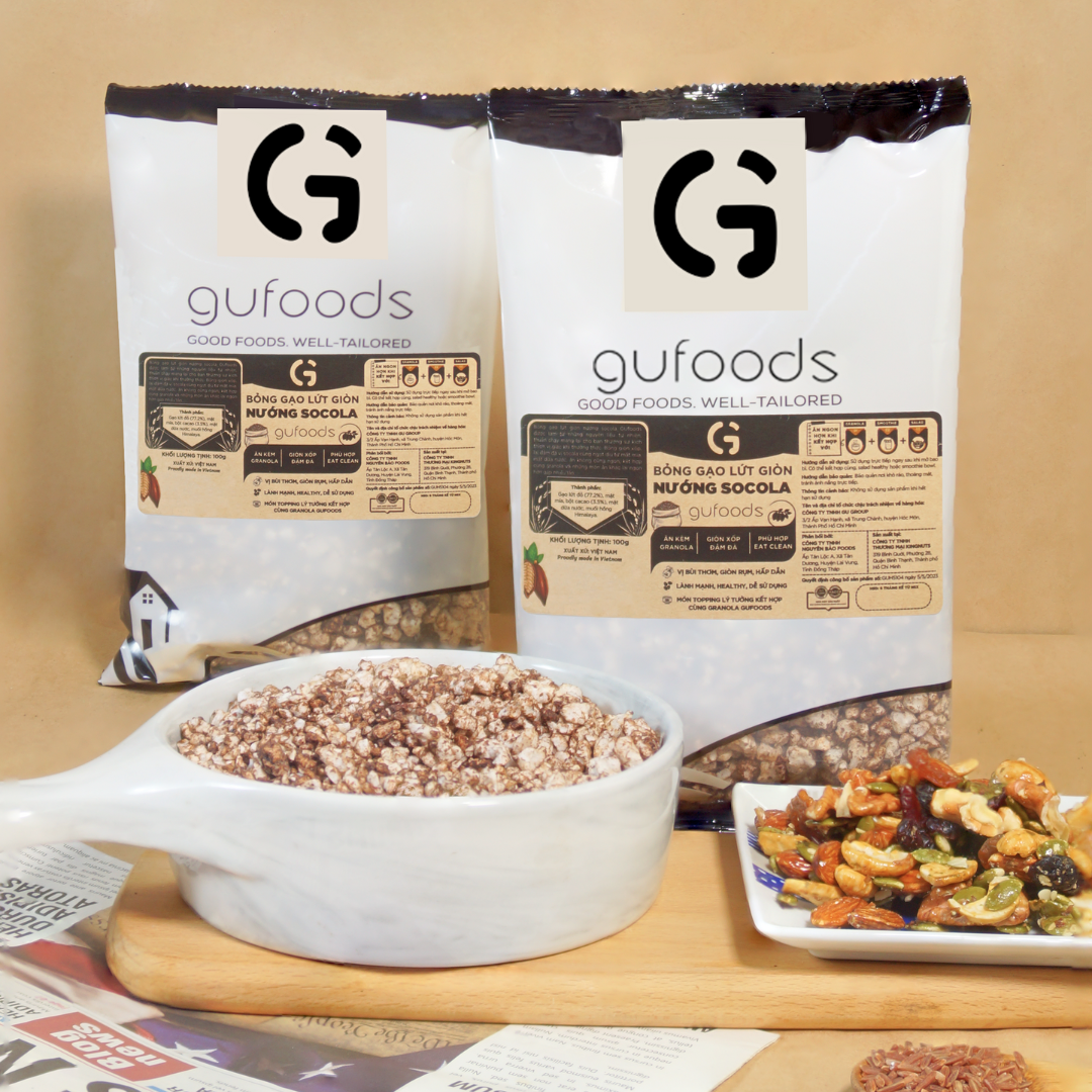 Bỏng gạo lứt giòn nướng socola GUfoods - Ăn kèm granola, Giòn xốp đậm đà, Giàu chất xơ, Thuần chay, Eat clean