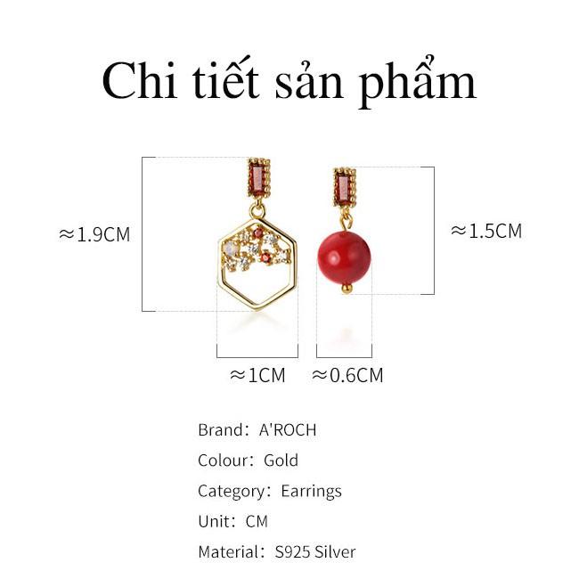 Khuyên tai bạc Ý s925 phong cách nữ bất đối thả đá đỏ G3407 - AROCH Jewelry