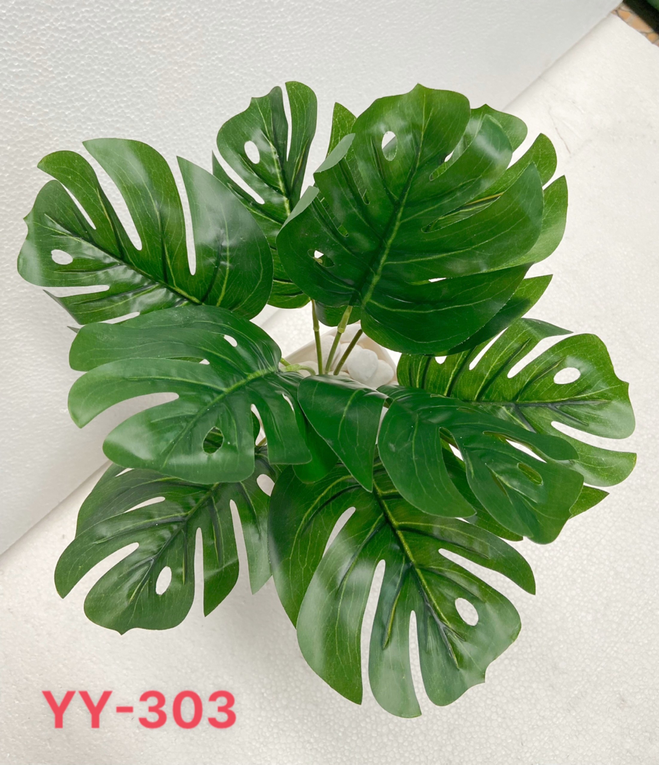 Cây giả trang trí, trầu bà lá xẻ giả, viền vàng, viền trắng, 9 lá, 33cm
