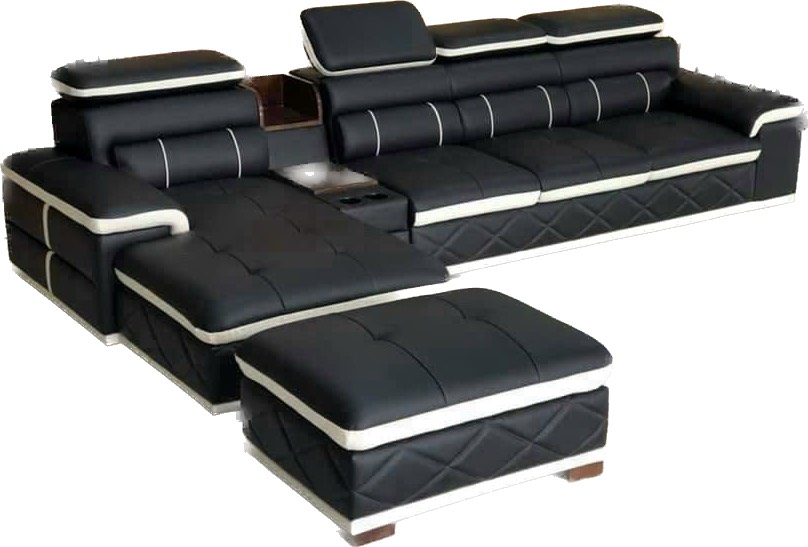 Sofa góc L Juno Sofa kiểu da 3m1 x 1m6 và đôn 80 x 80 cm chức năng đầu bật