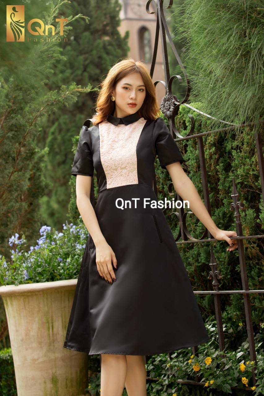 Đầm dự tiệc thiết kế dáng xòe-Đầm tafta đen 2 lớp phối ren chân A sang trọng,thanh lịch đi tiệc,đi làm hay đi chơi