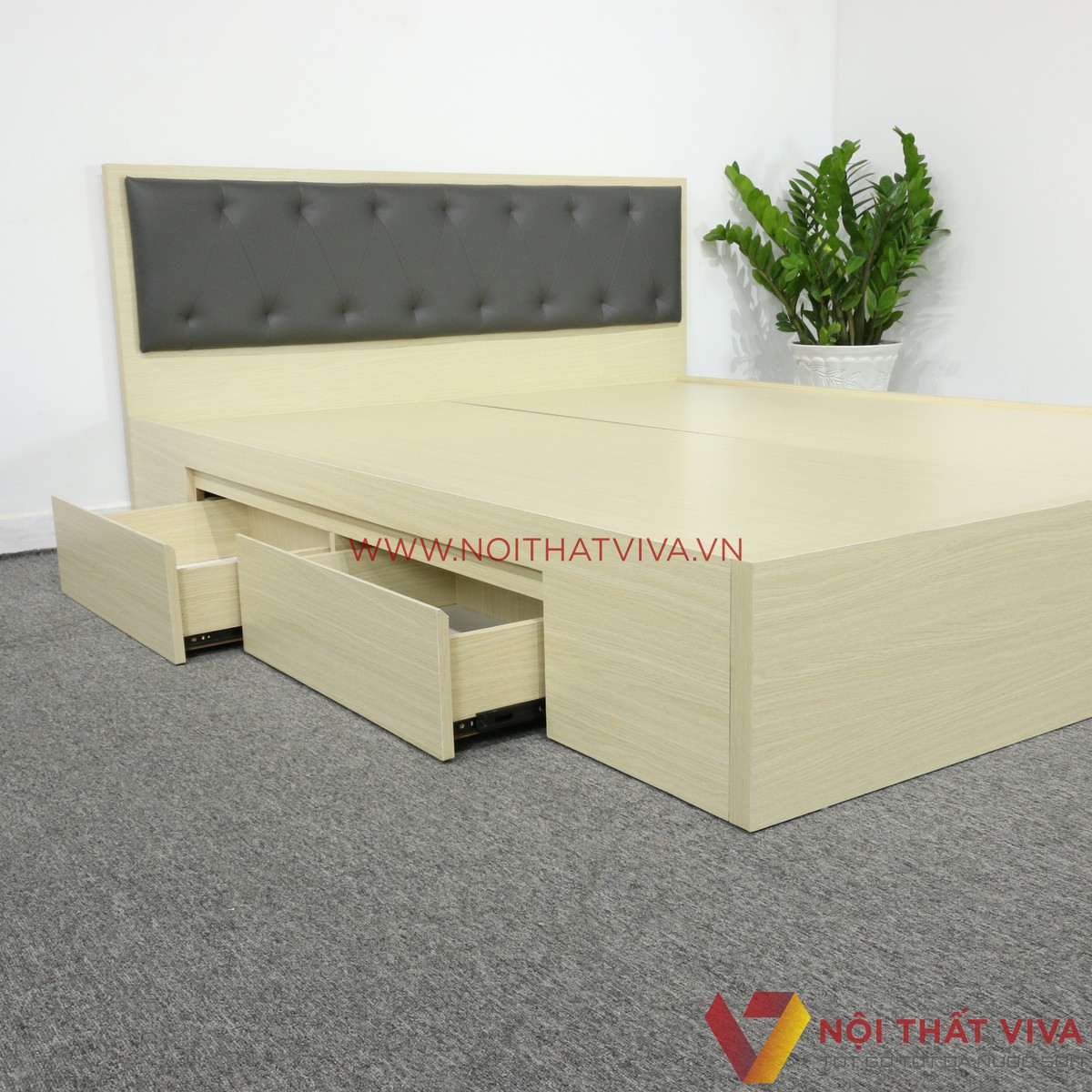 Giường Ngủ Gỗ MDF Phủ Melamine Đầu Nệm Đen Có Ngăn Kéo Màu Vàng Kem