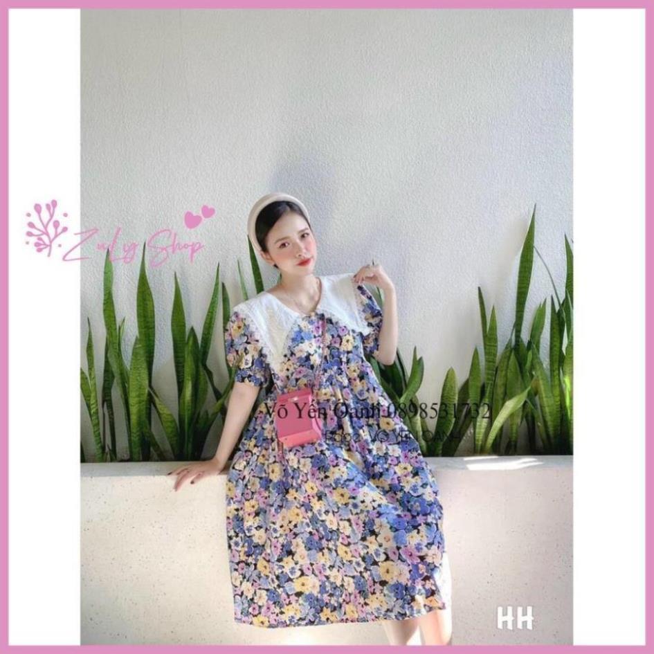 Váy hoa tím cổ trắng dáng xòe