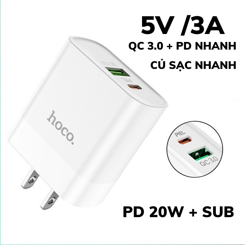 Củ sạc nhanh HOCO C80 20w 2 cổng sạc cho typeC và USB dùng cho ip, ss