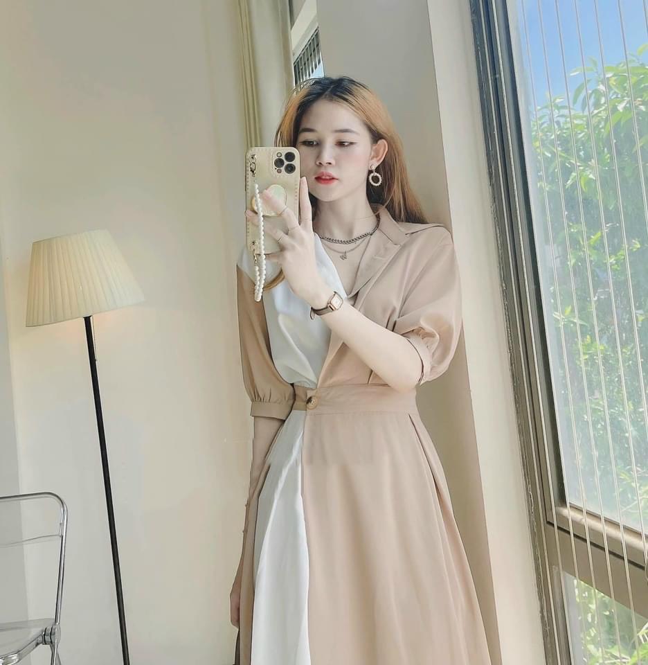 Váy phối 2 màu đai eo tay bồng cho nữ DN516