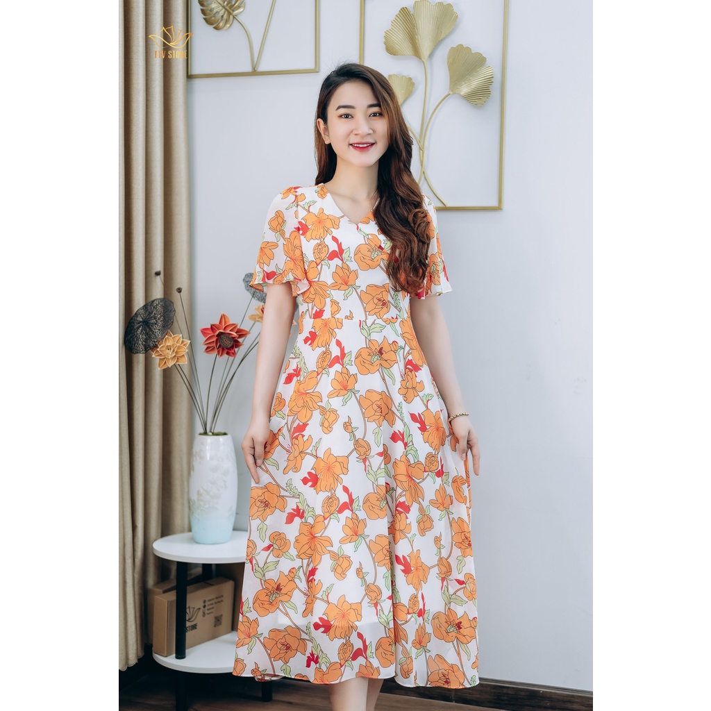 Đầm Maxi thiết kế trung niên Cổ tim tay loe màu Trắng hoa cam TTV STORE TTV1249