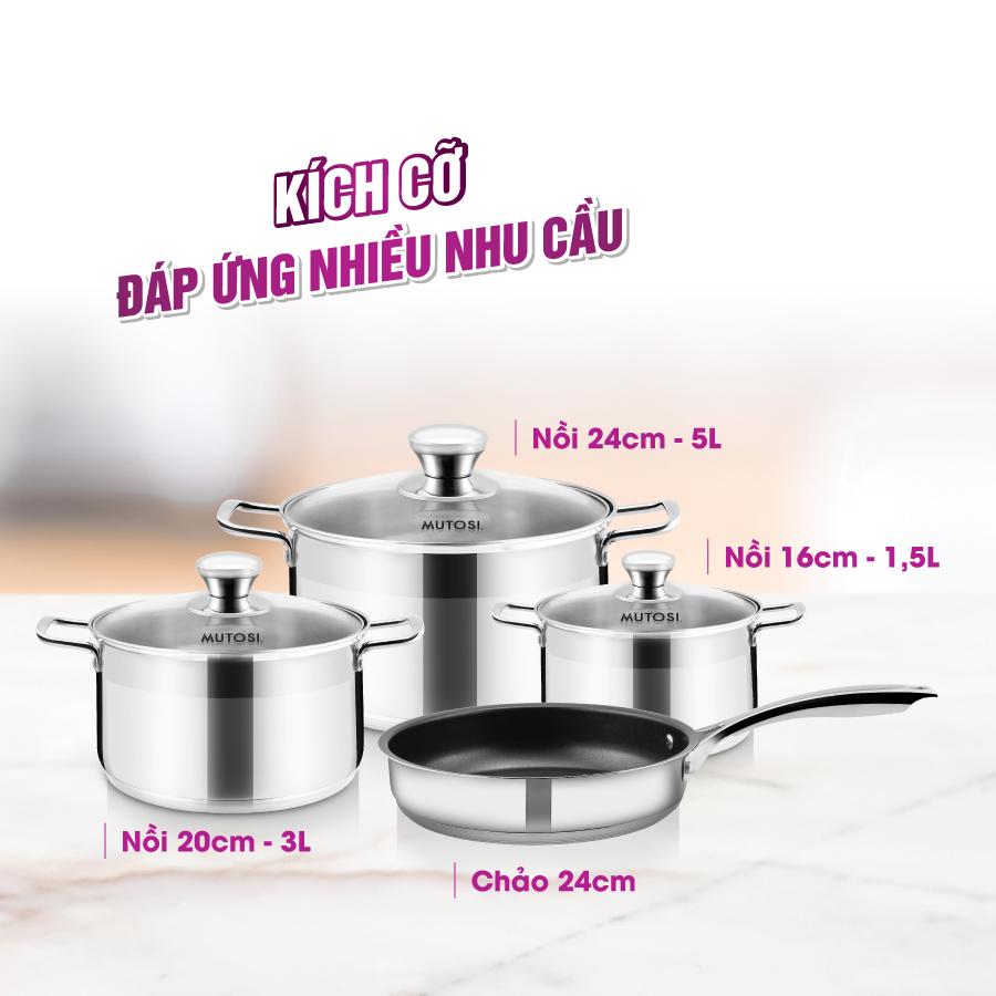 Bộ nồi chảo Inox Mutosi MC-347 - Hàng chính hãng