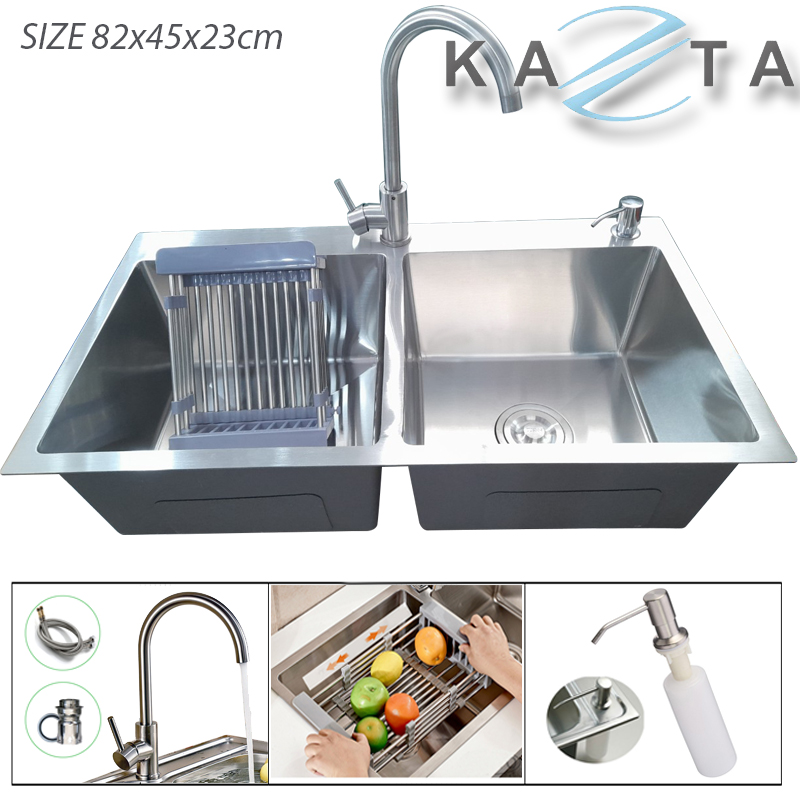 Combo chậu rửa bát cao cấp Kazta KZ-CB8245T inox SUS304 kèm vòi, rổ đa năng, bình xà phòng