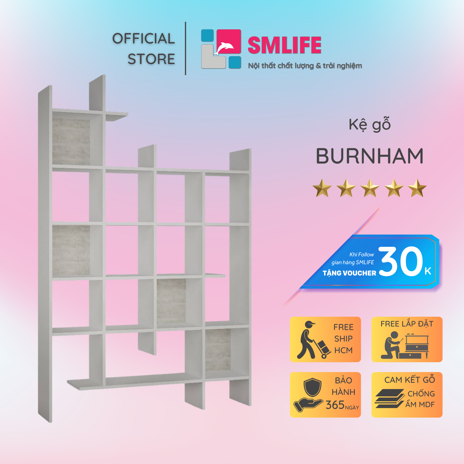 Kệ sách gỗ hiện đại SMLIFE Burnham  | Gỗ MDF dày 17mm chống ẩm | D120xR28xC190cm - Màu