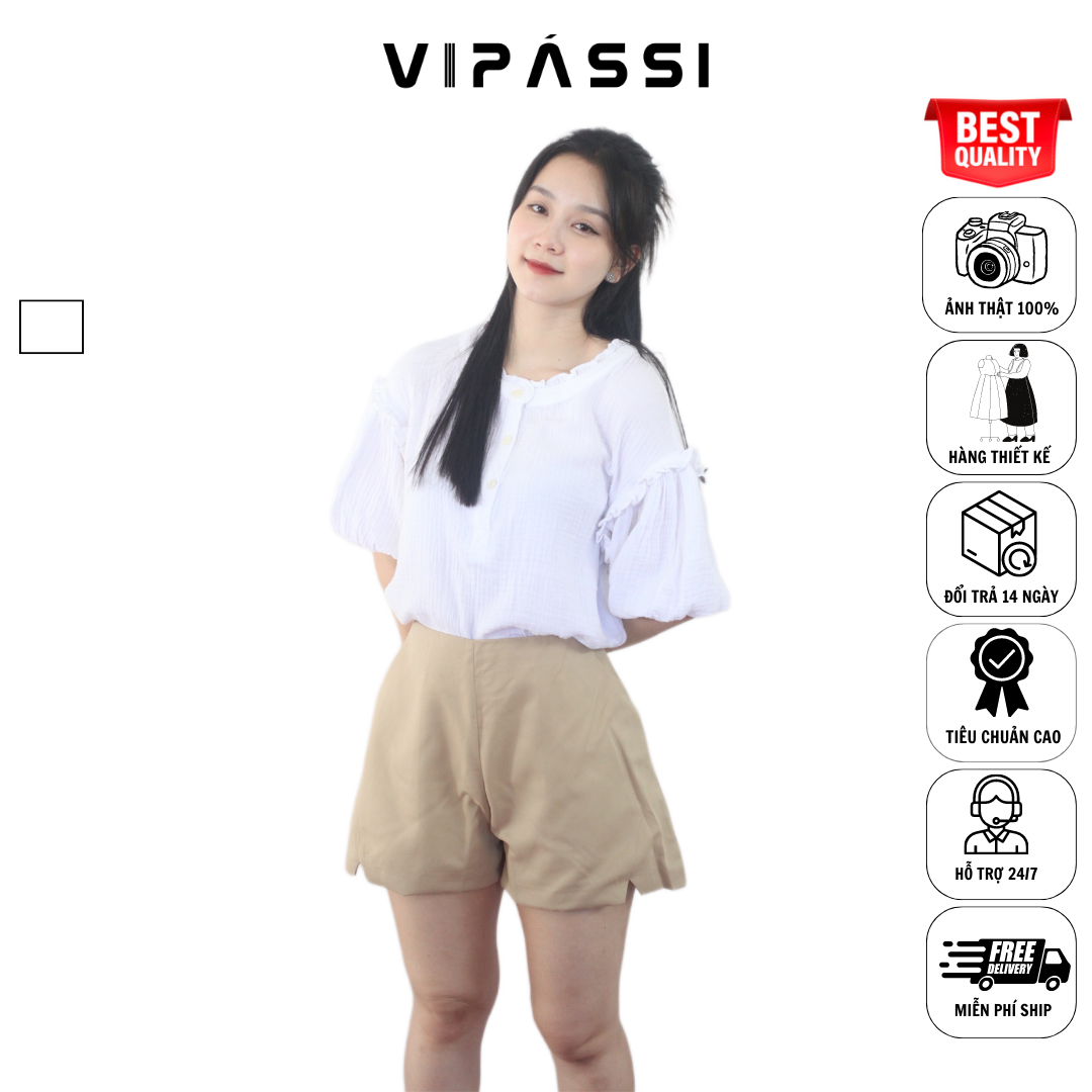 VIPÁSSI Áo Baby Cotton Cổ Bèo Đính Nút Ngắn Tay Phòng Trắng