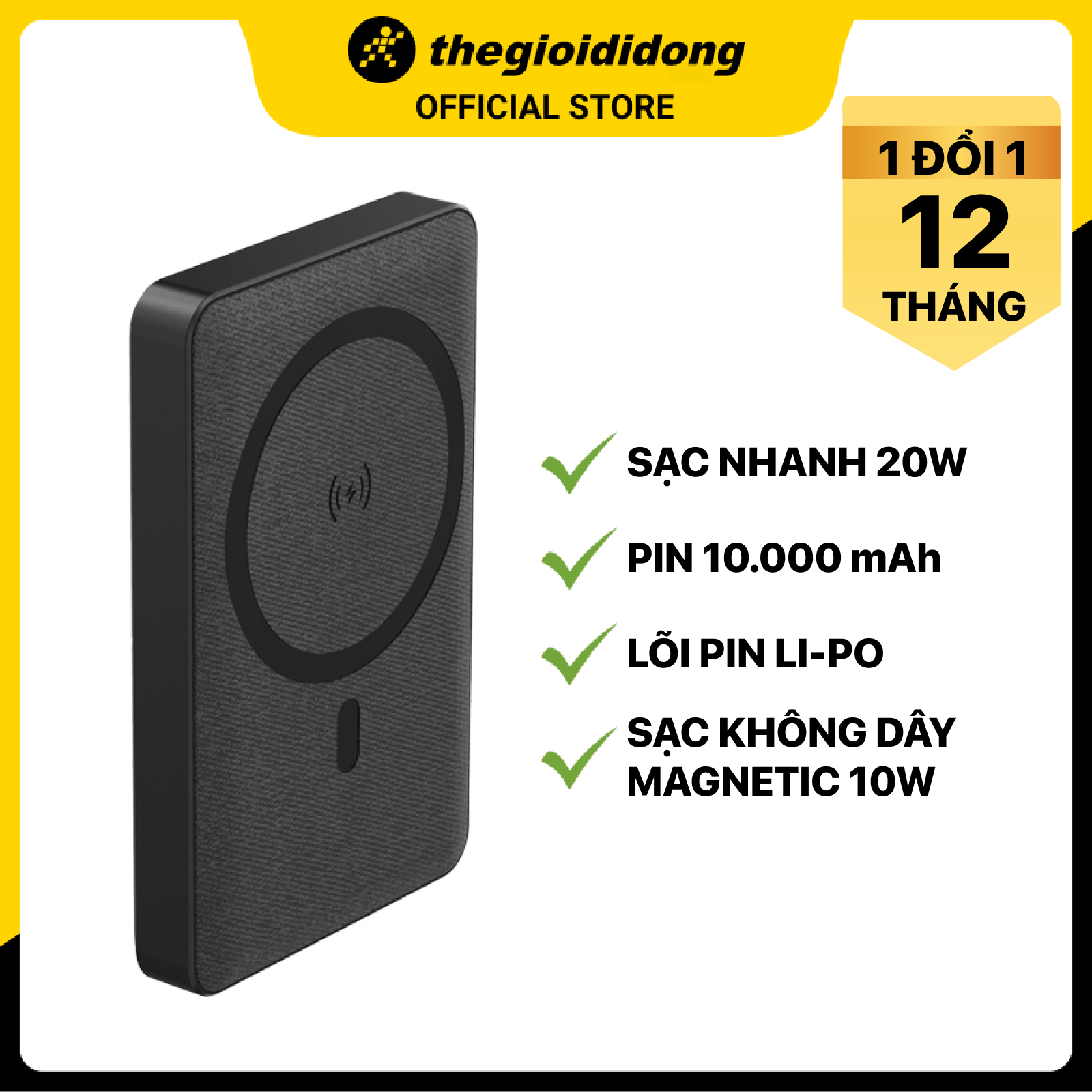 Pin sạc dự phòng Polymer 10000mAh Không dây Magnetic Type C QC3.0 Xmobile PowerLite P181P Đen - Hàng chính hãng