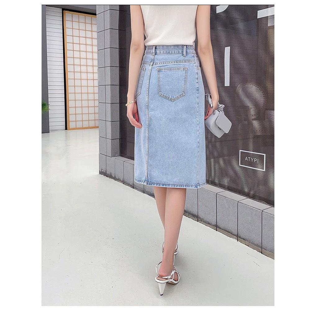 Chân váy jean dài xẻ trước cạp khóa giữa vải bò chân váy midi denim Ulzzang thời trang Banamo Fashion 562