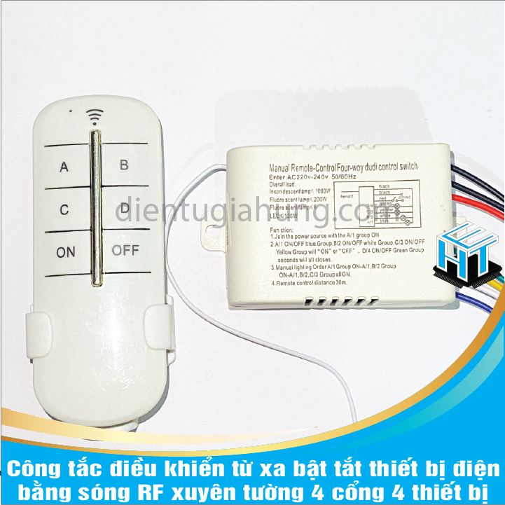 Công tắc điều khiển từ xa bật tắt thiết bị điện bằng sóng RF xuyên tường 4 cổng 4 thiết bị