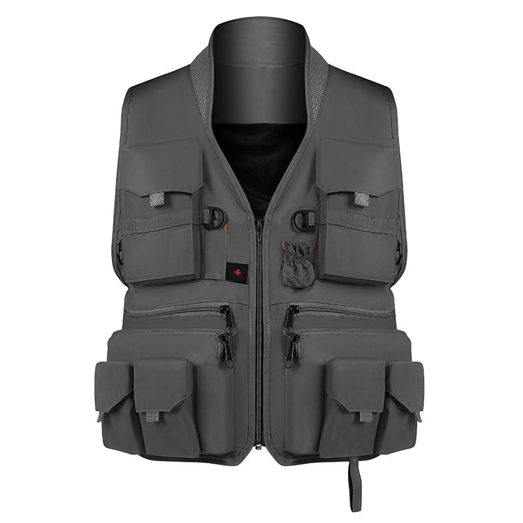 Multi Pocket Photography Hunting Fishing Vest Jacket Waistcoat Gray L