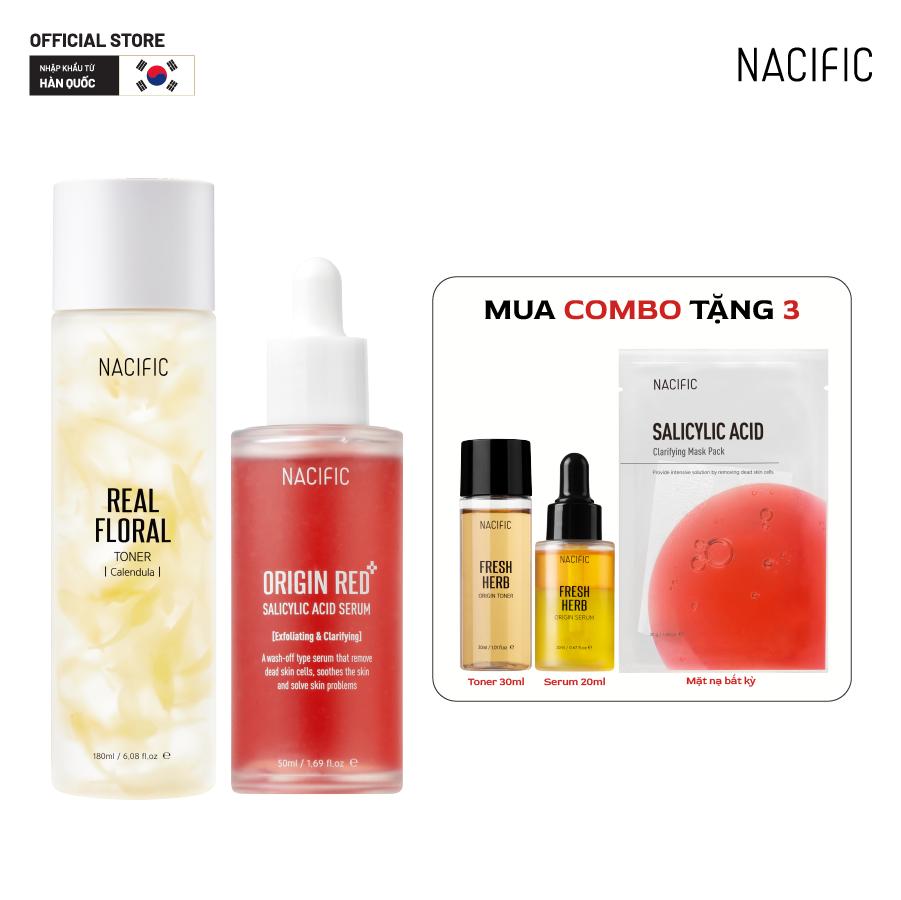 Combo Nacific Tinh chất tẩy tế bào chết Origin Red Salicylic Acid Serum 50ml+Nước hoa hồng dưỡng ẩm làm dịu da Nacific Real Floral Toner Calendula 180ml