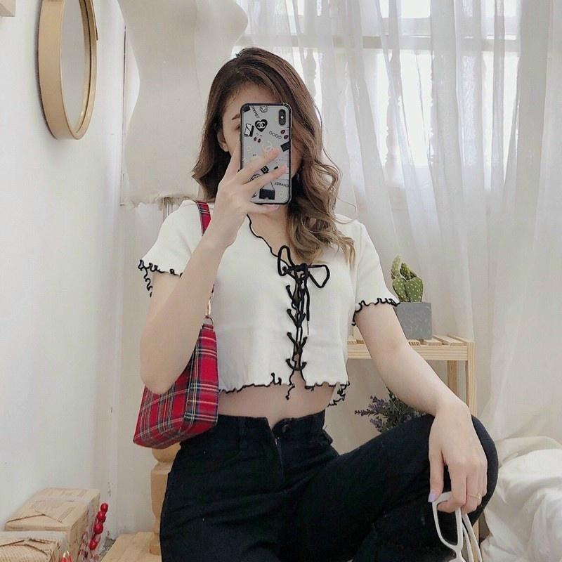 Áo croptop kiểu nữ tay ngắn phong cách Hàn quốc thiết kế đan dây trước ngực- AO081