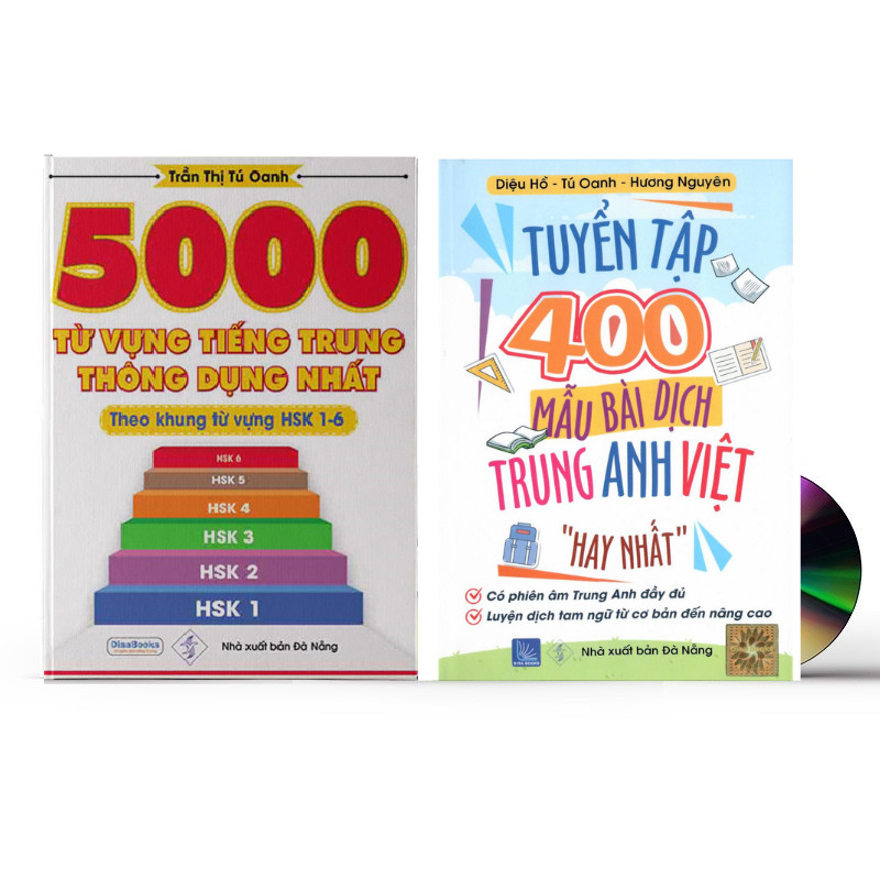Sách- Combo 2 sách 5000 từ vựng tiếng Trung thông dụng nhất theo khung HSK từ HSK1 đến HSK6+tuyển tập 400 mẫu bài dịch Anh Hoa Việt hay nhất phiên bản mới + DVD tài liệu