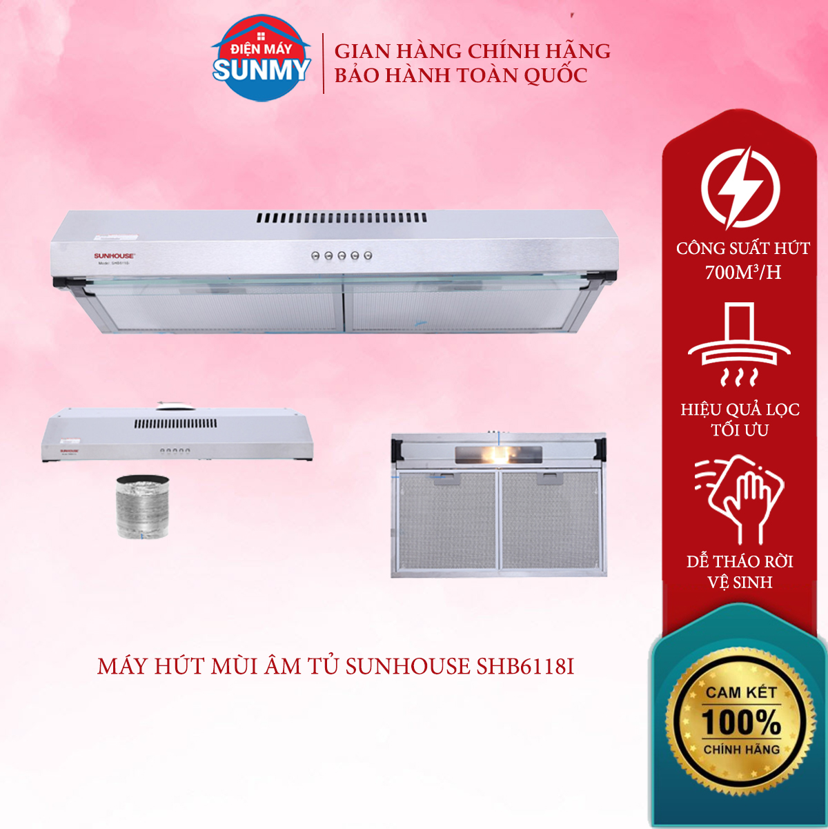 Máy hút mùi âm tủ vỏ inox Sunhouse SHB6118I - Hàng chính hãng