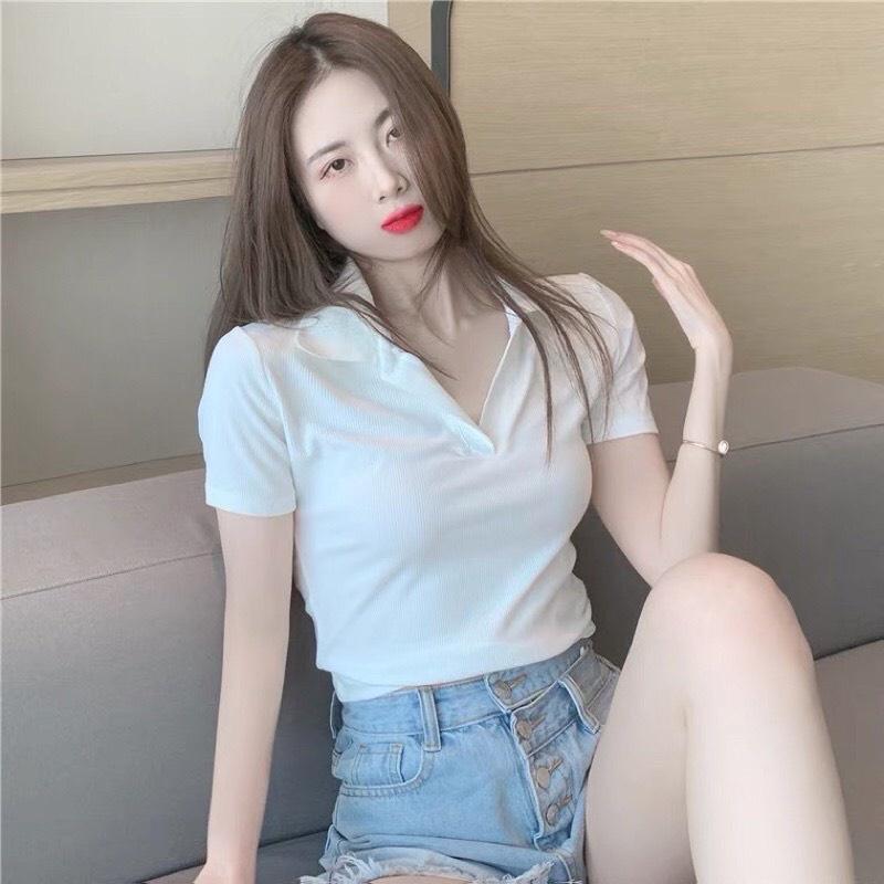 Áo croptop có cổ polo V nữ dáng suông tay ngắn chất cotton Simple cao cấp màu đen trắng đi chơi, đi làm