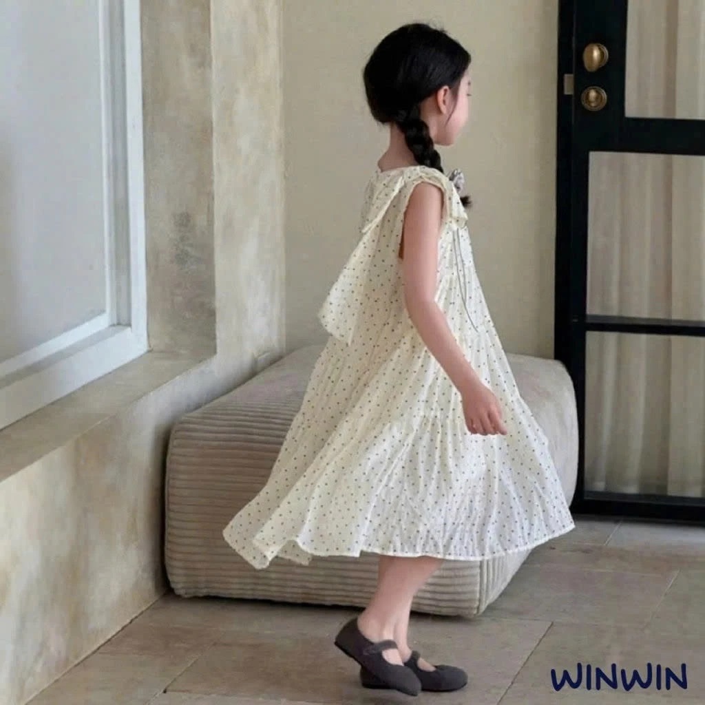 Đầm Xòe Bé Gái Dáng Babydoll Chấm Bi Nơ Vai Cực Xinh Từ 12-36kg Dành Cho Bé Gái