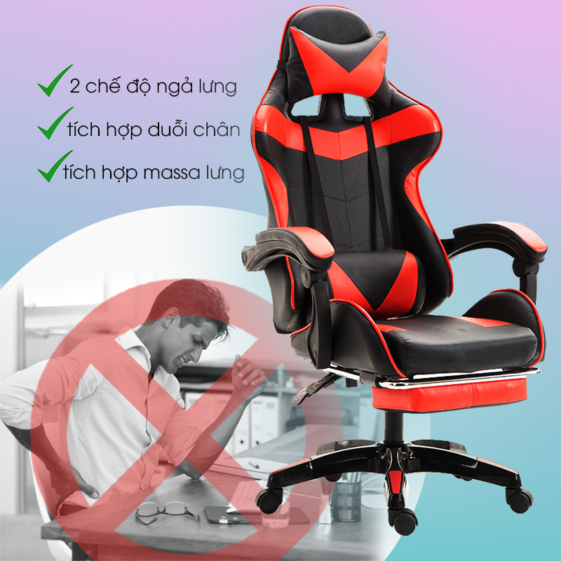 Ghế gaming tặng kèm bộ gối tựa và massage lưng, Ghế game bọc da cao cấp ( Mầu ngẫu nhiên ) - Hàng chính hãng