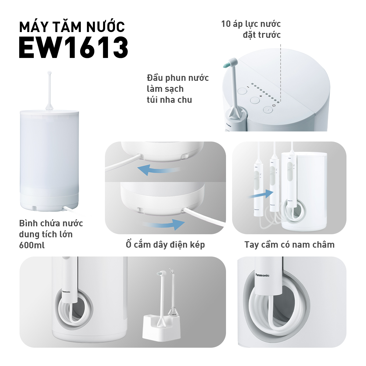 Máy tăm nước Panasonic EW1613W451- Công nghệ siêu âm – 10 mức điều chỉnh - Hàng chính hãng