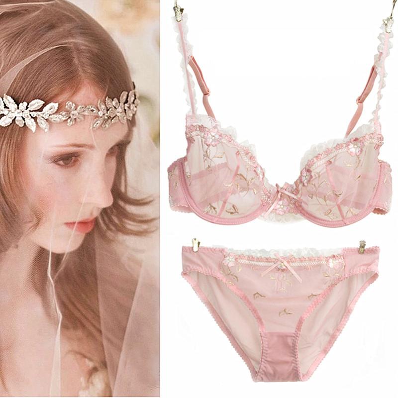 7 Chúc Mới Miễn Phí Vận Chuyển Thêu Tinh Tế Màu Hồng Sen Siêu Mỏng Gợi Cảm Trong Suốt Ren Quần Lót Áo Ngực Quần Lót bộ