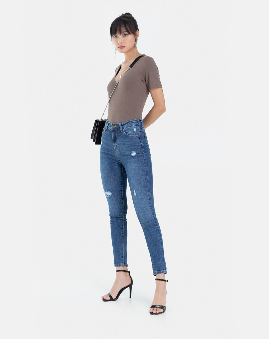 Quần Jean Dài Nữ Thời Trang JUNO Skinny Xước Gối JNQDA003