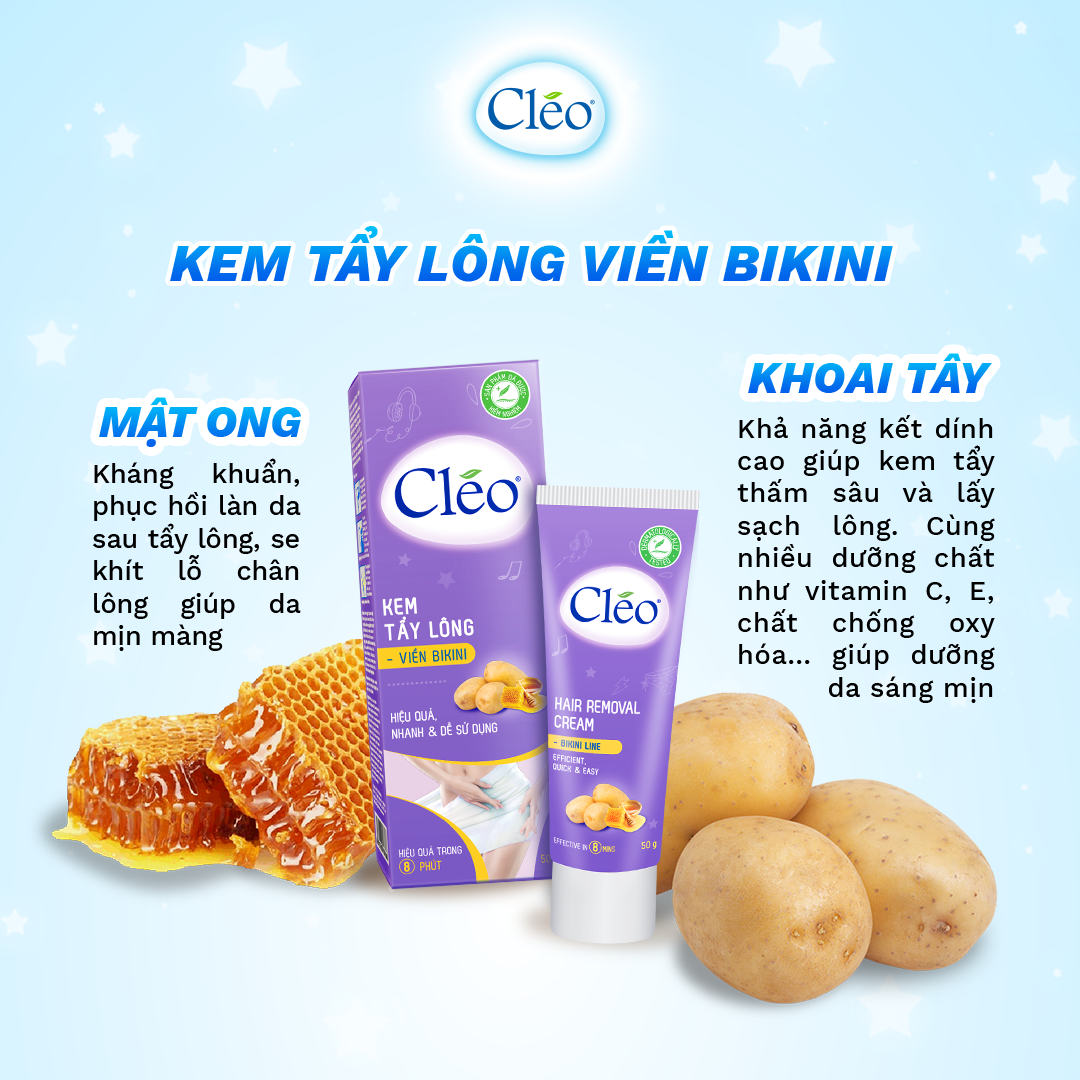 Combo tẩy lông Bikini Cléo 50g, an toàn không đau, hiệu quả trong 8 phút và gel dưỡng ẩm mịn da Cléo 50g