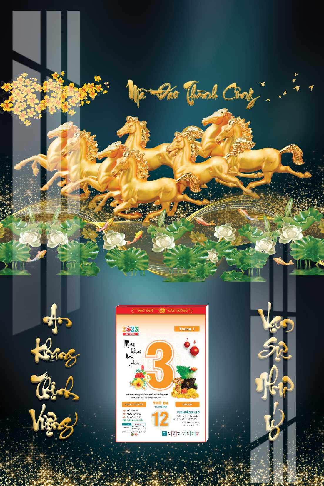 Lịch Tết 2024 - Lịch Gỗ Laminate 3D Tráng Gương - Chủ đề Mã Đáo Thành Công, Bát Mã, Ngựa Phi Nước Đại, Ngựa Vàng