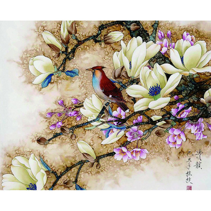 Tranh sơn dầu số hoá tự vẽ có khung đã căn 40x50 cm- Sơn ca đón xuân