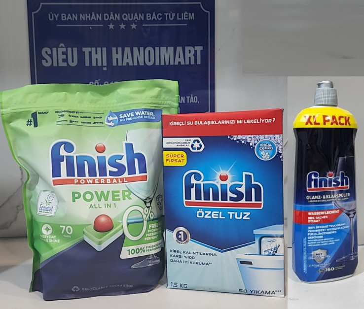 Combo Viên rửa bát Finish Hữu cơ 70 tabs + Muối Finish 1.5kg + Nước bóng finish 1150ml
