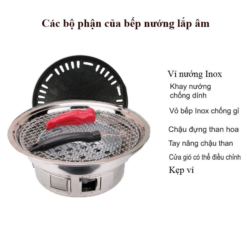 Bếp nướng than hoa inox lắp âm bàn nhà hàng, quán nướng