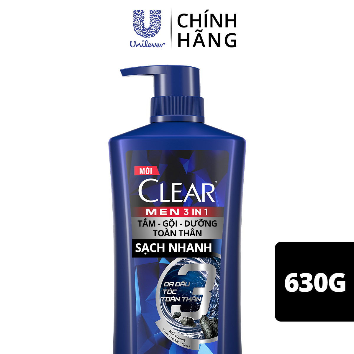 Dầu Tắm - Gội - Dưỡng Sạch Sâu 3 Trong 1 Cho Nam Clear Men Active Clean Sạch Nhanh Bổ Sung Tinh Thể Bạc Hà Mát Lạnh 630g