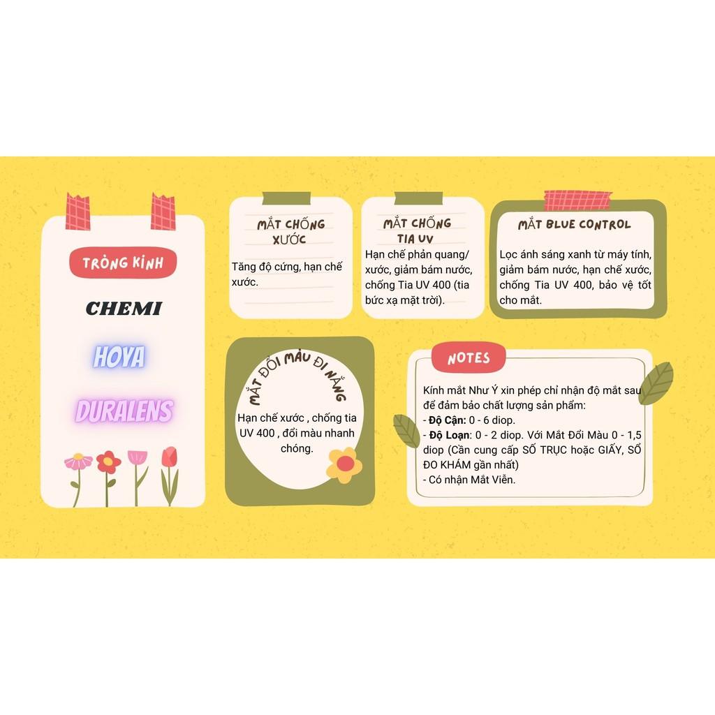 Mắt kính cận loạn Như Ý tròng kính Chemi, Duralens, Hoya chống ánh sáng xanh, tròng kính đổi màu chống tia UV...